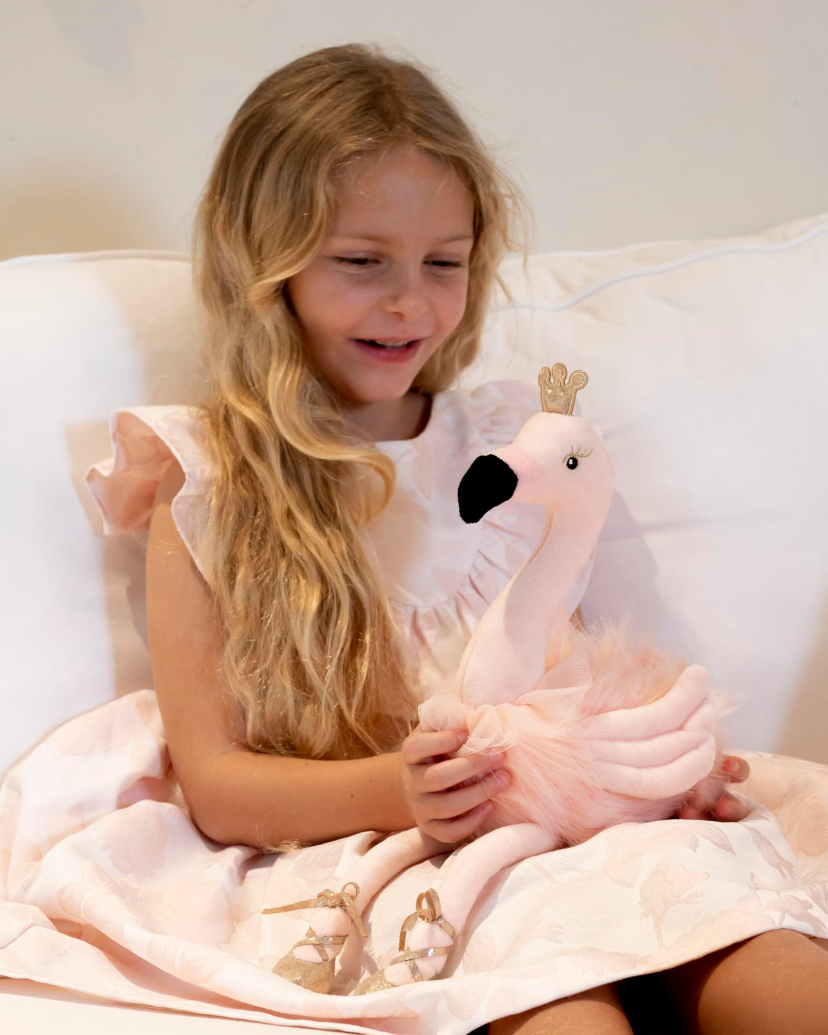 Laila and Lainey flamingo with embroidered eyes, friendly and comforting
