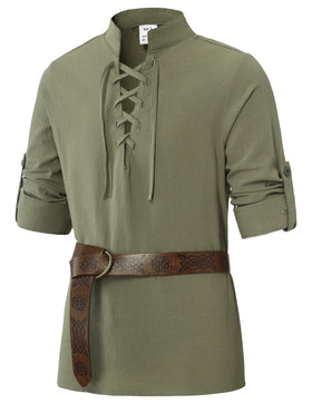 Lainvenor boys lace-up shirt army green, front view, breathable cotton for comfortable Renaissance cosplay