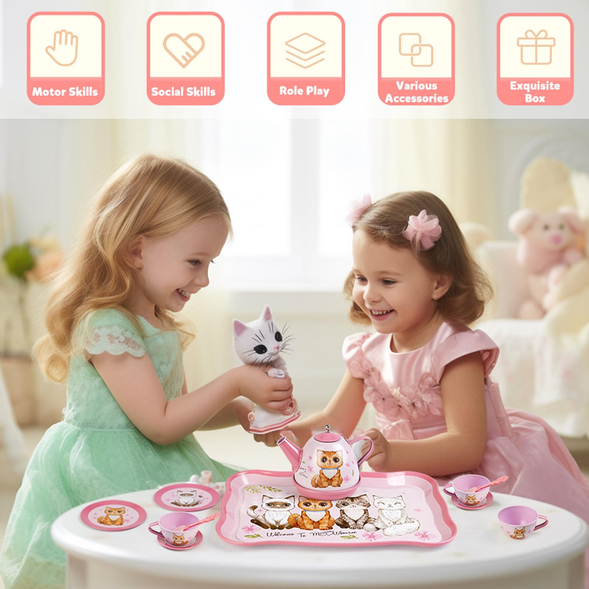 Lajeje cat-themed tea time playtime setup for kids