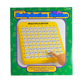 Lakeshore Multiplication Machine front view shows a student practicing 1–9 multiplication with self-checking feedback
