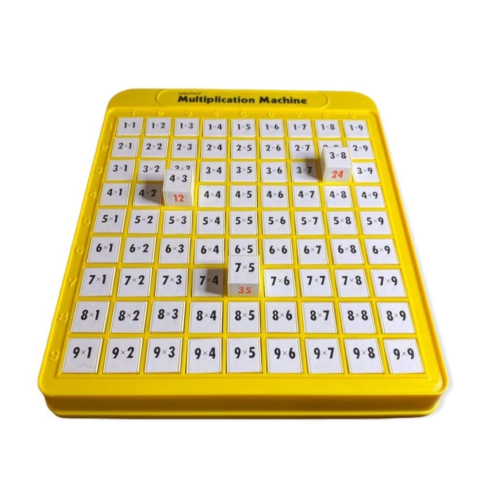 Lakeshore Multiplication Machine in use shows a child pressing buttons for instant answers and reinforcement