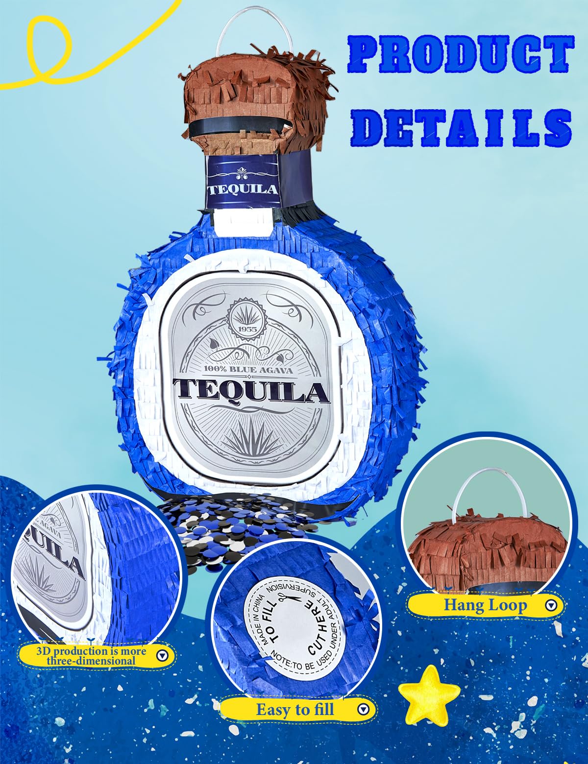 LAKINGO tequila piñata with stick ready for playful swinging at adult celebrations