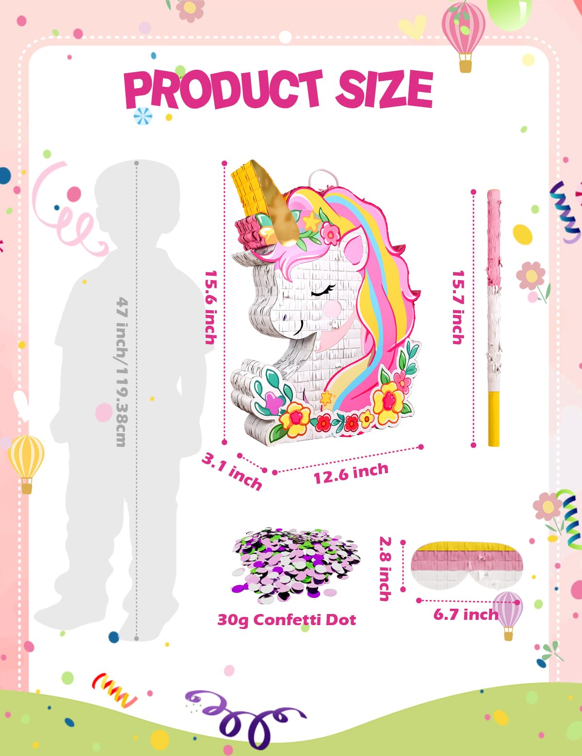 LAKINGO Unicorn Pinata rainbow mane close up for princess parties