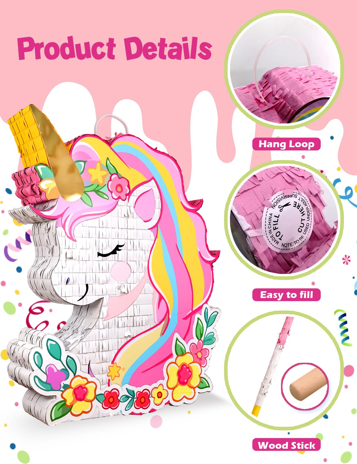 LAKINGO Unicorn Pinata with wood stick and blindfold for party entertainment