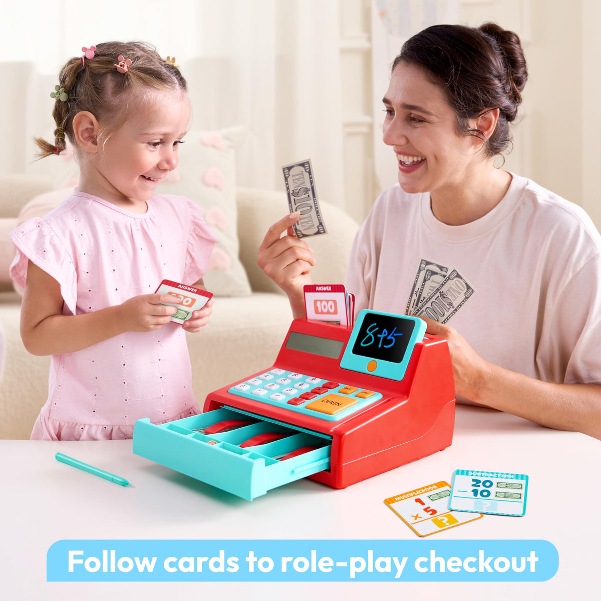 Lalalark cash register toy credit card demonstrates realistic payments during play.