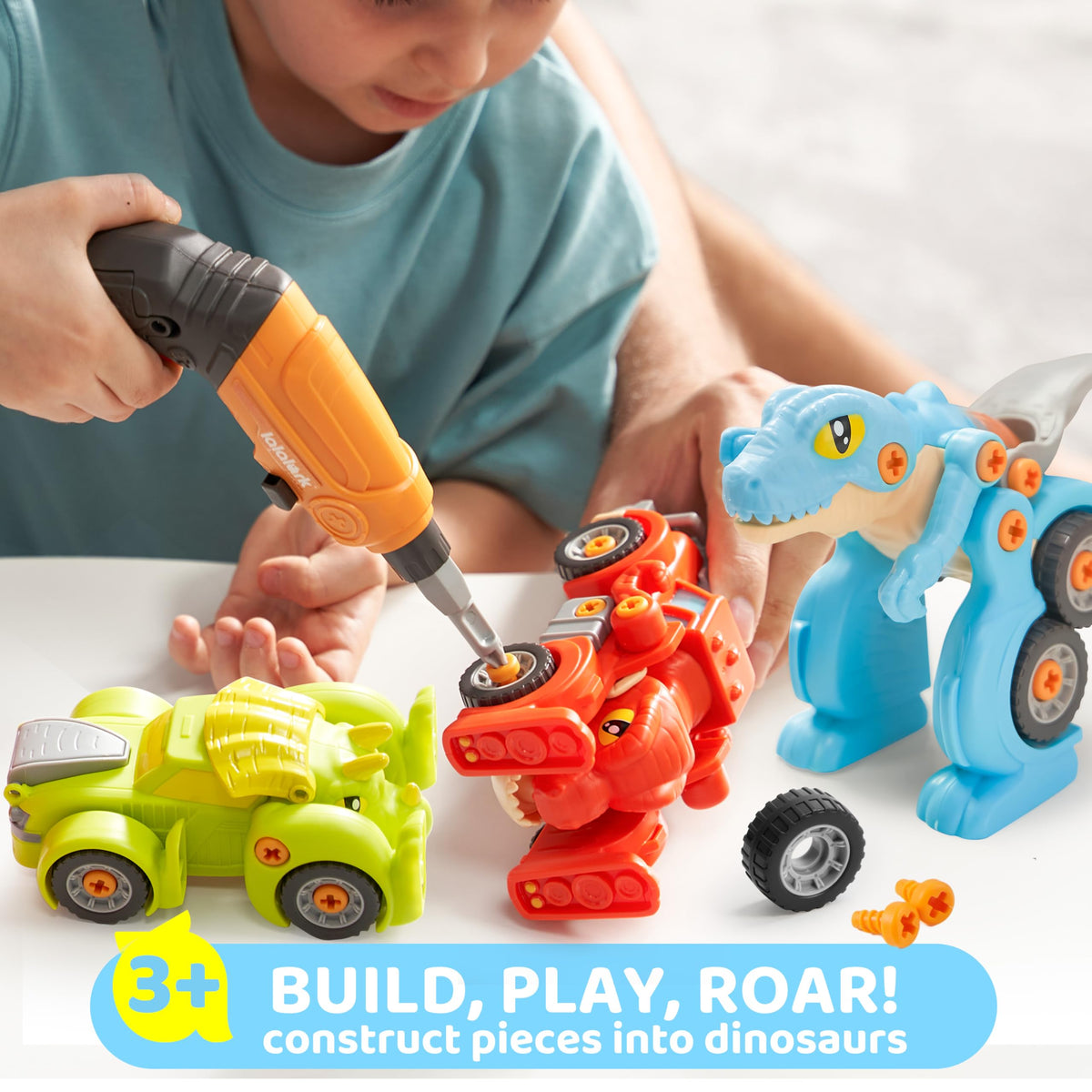 lalalark Dinosaur Cars Triceratops in car form supports cooperative play and problem solving.