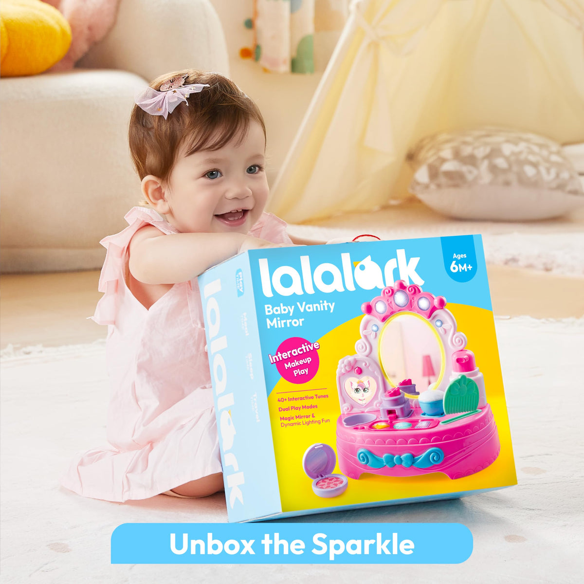 Lalalark vanity encourages fine motor skills through buttons and dials