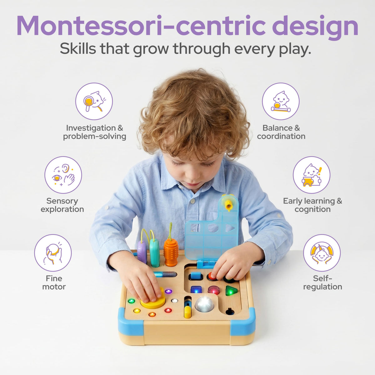 lalalark JOVA busy board 5 switches highlights fine motor skills during playtime.
