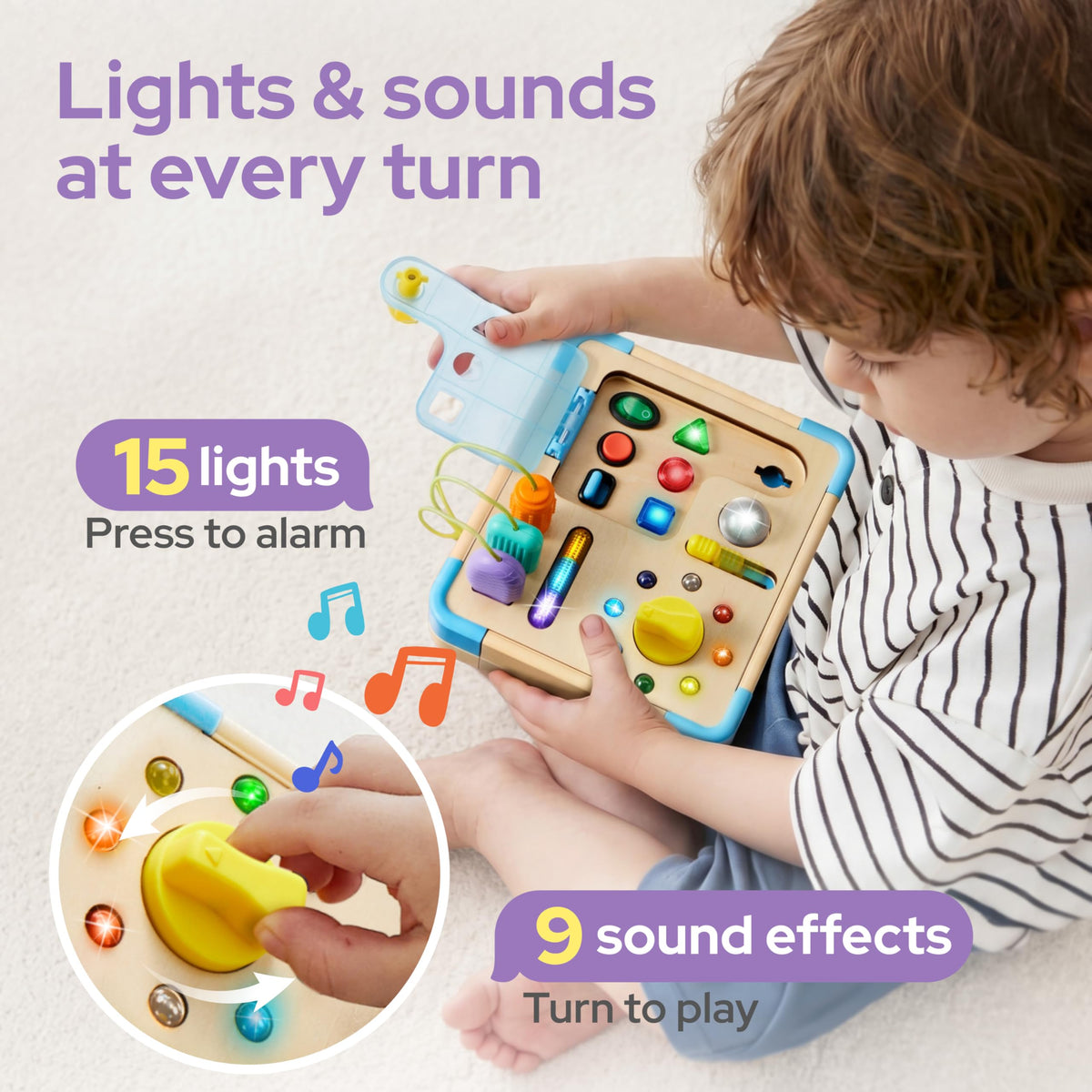 lalalark JOVA busy board USB plug encourages exploration of everyday connections.