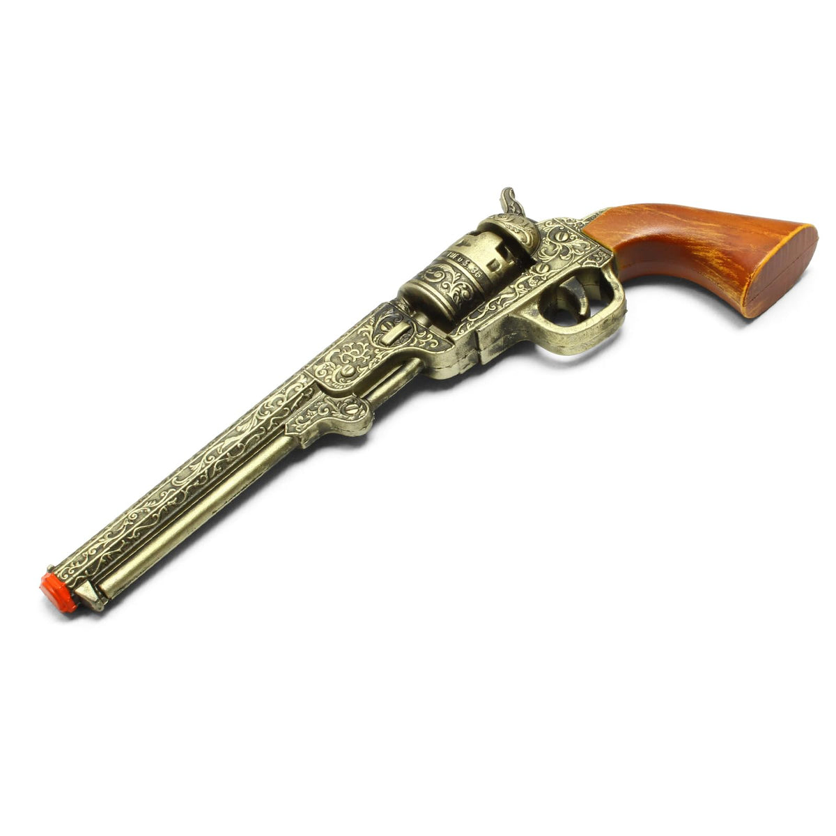 Wood-tone grip detail highlighting vintage Western aesthetics and craftsmanship.