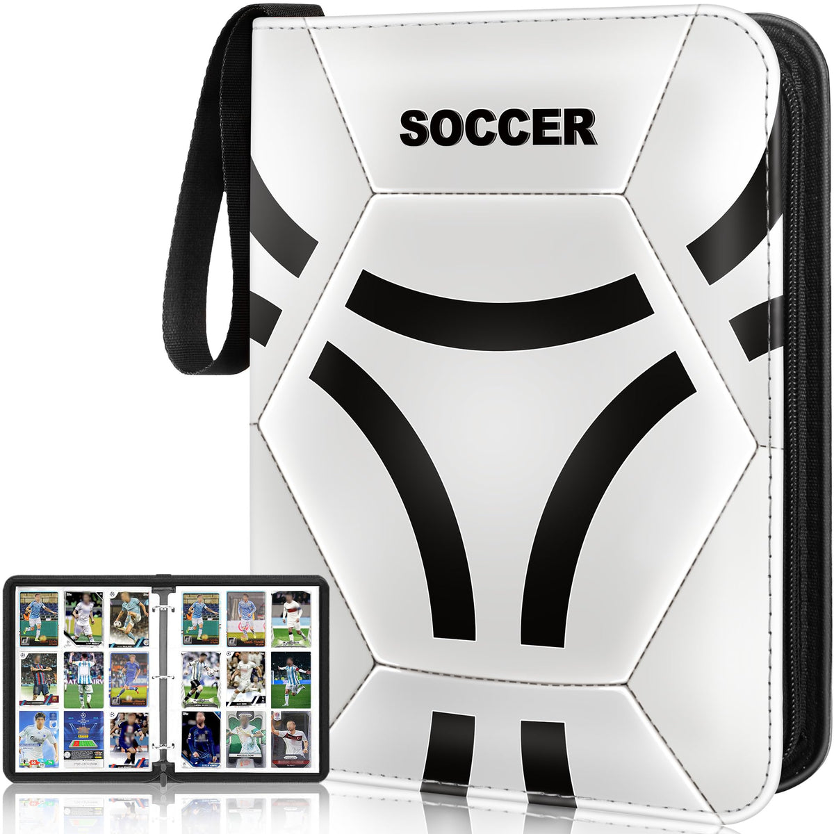 Lalasu Soccer Card Binder open view showing 55 double-sided pages for organized display.