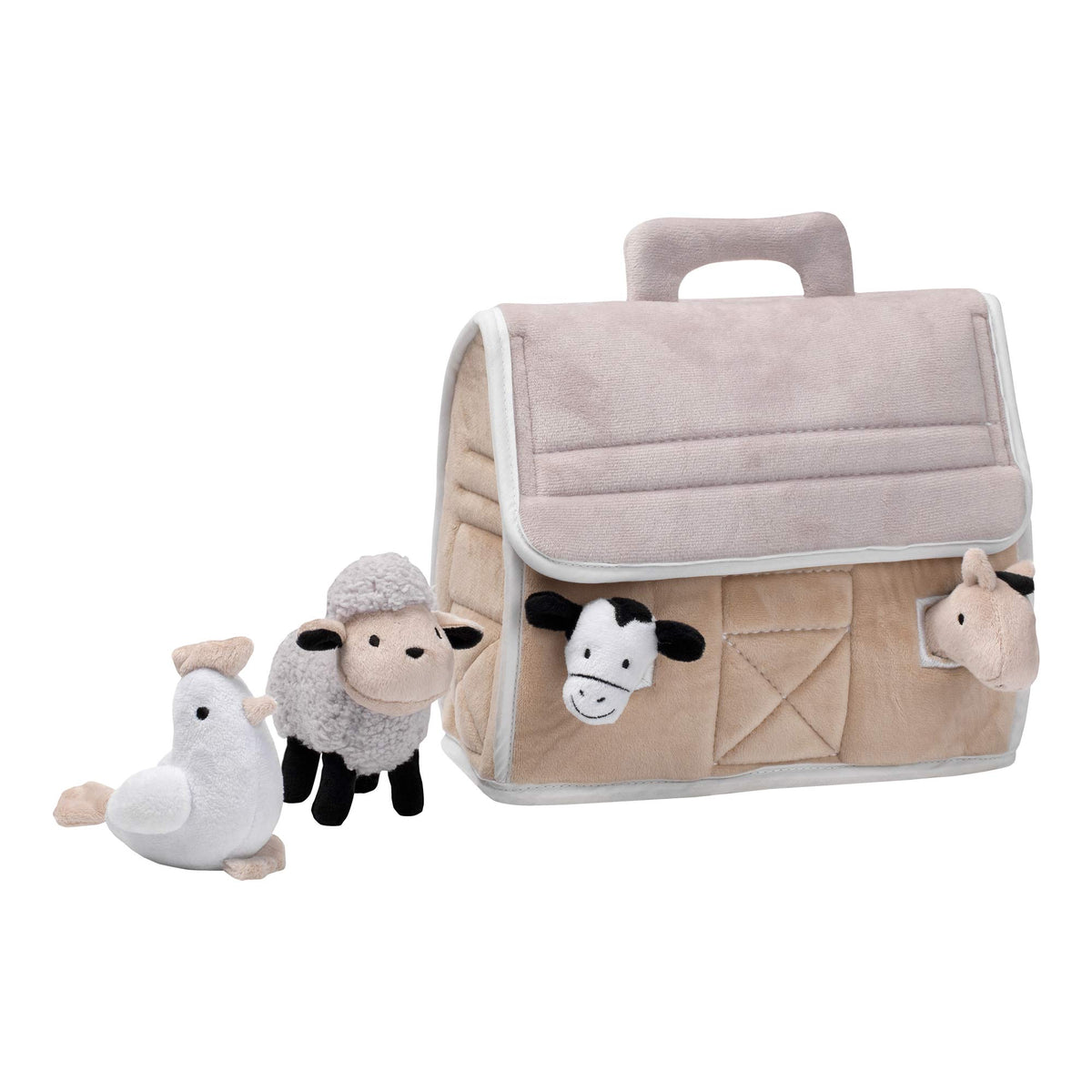Lambs & Ivy plush barn exterior in taupe, gray, white tones for calming nursery decor.