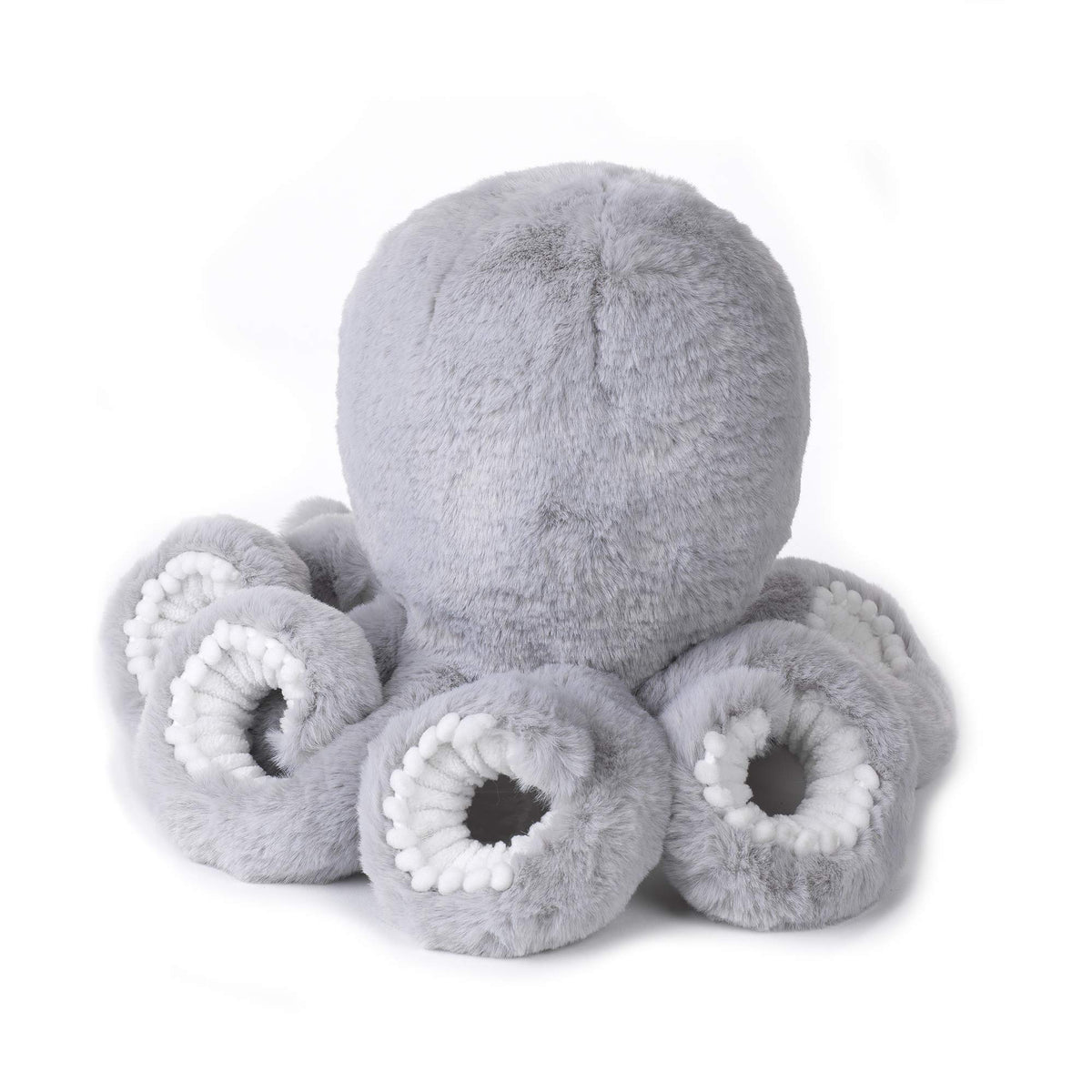 Soft octopus toy with white pompom trims and ocean-inspired color palette