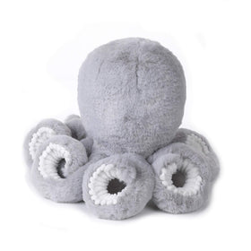 Soft octopus toy with white pompom trims and ocean-inspired color palette