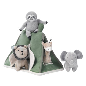 Lambs & Ivy interactive plush safari tent in dusty green velour invites creative play.