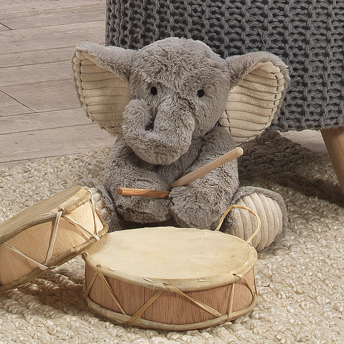Lambs & Ivy Jett plush elephant, ears detail, velour ears invite touch.