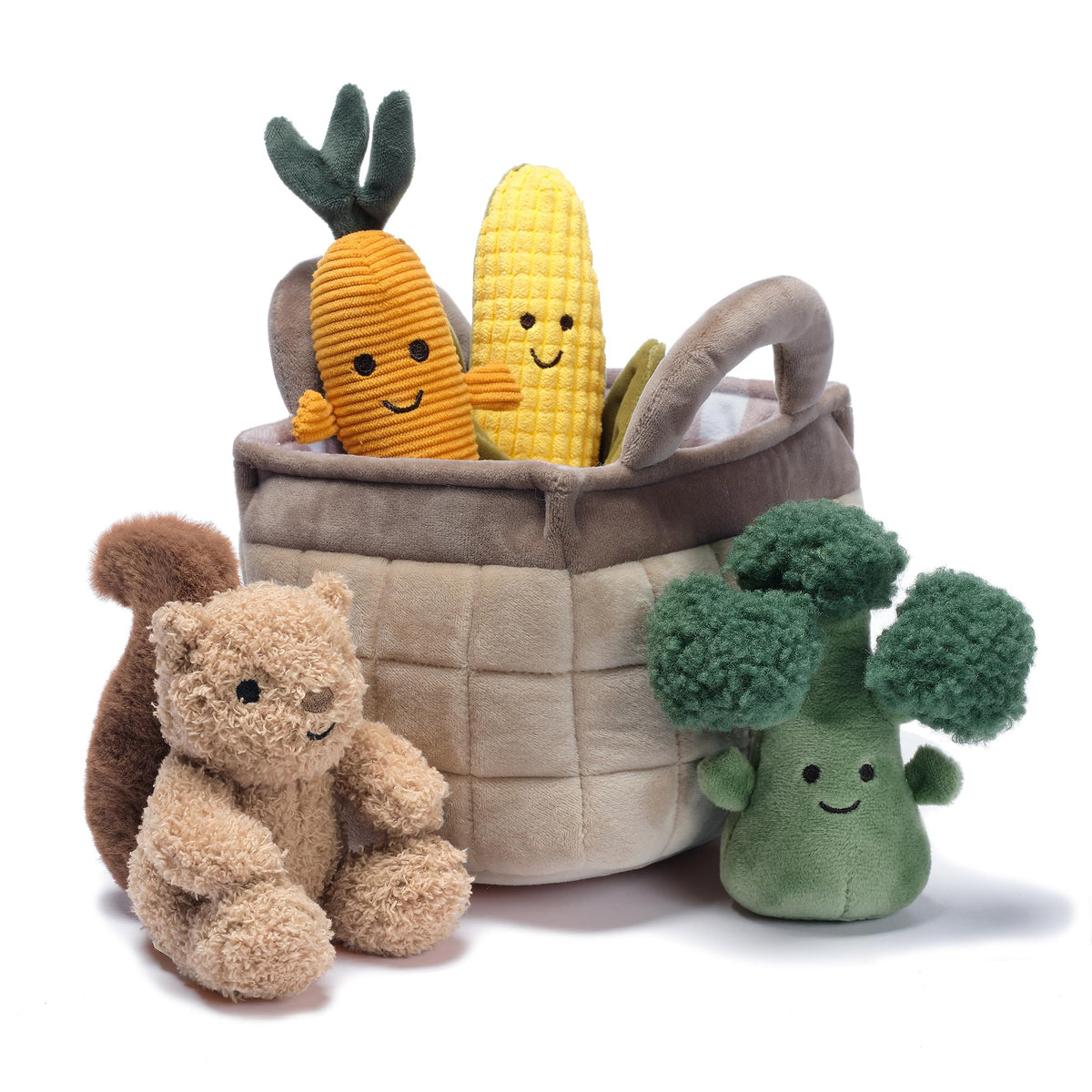 Lambs & Ivy plush veggie basket play set with corn for tactile discovery.