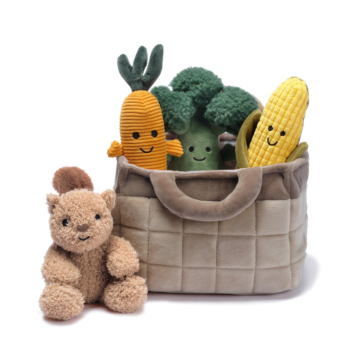 Lambs & Ivy plush veggie basket play set including carrot for cozy pretend meals.