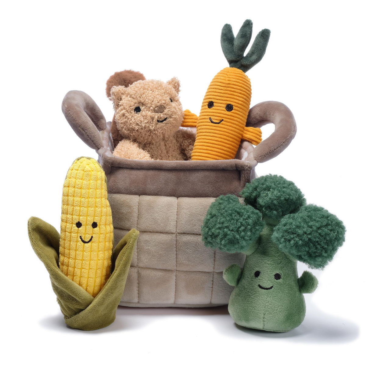 Lambs & Ivy plush veggie basket play set featuring broccoli for imaginative play.