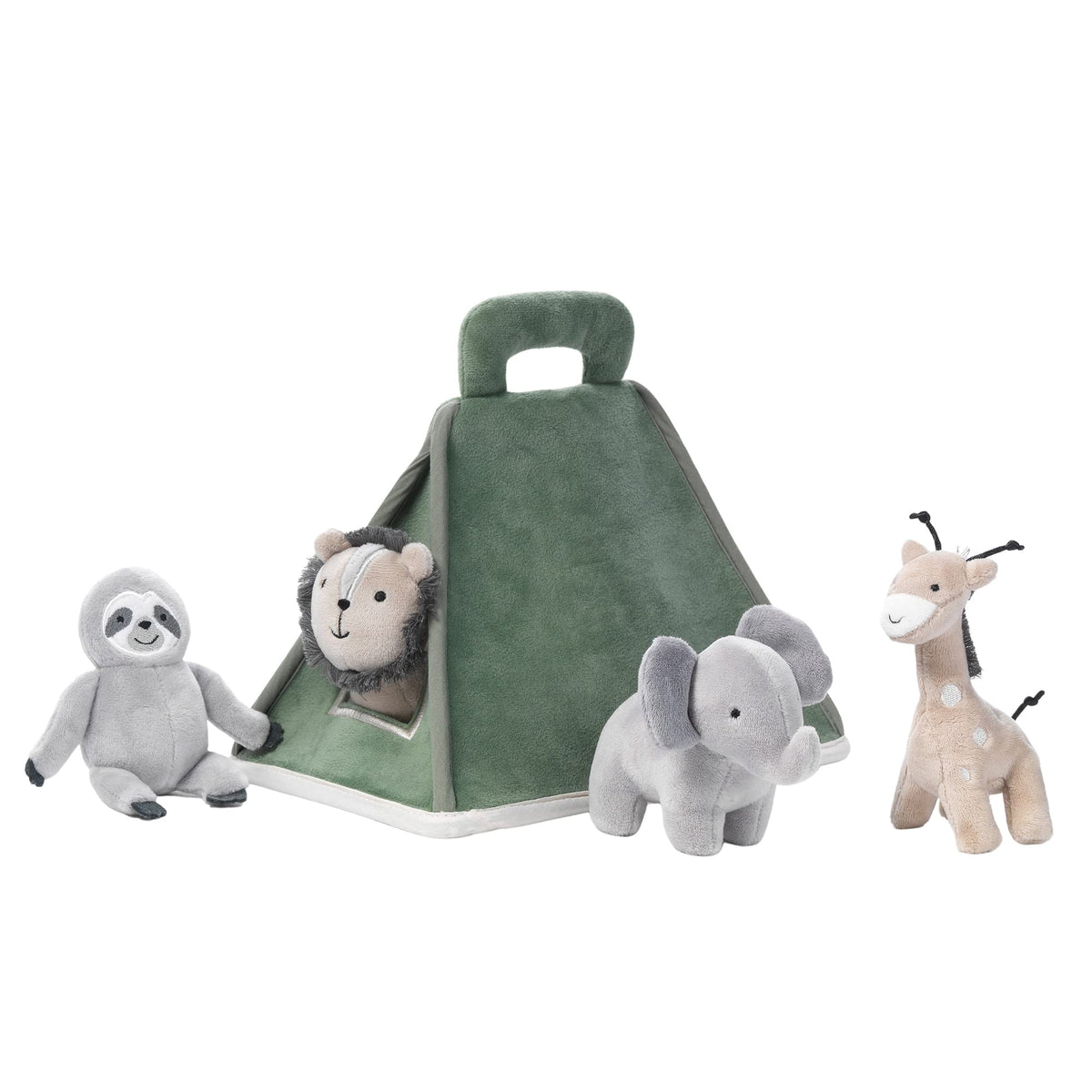 Lambs & Ivy four plush animals: giraffe, elephant, lion, and sloth for imaginative storytelling.