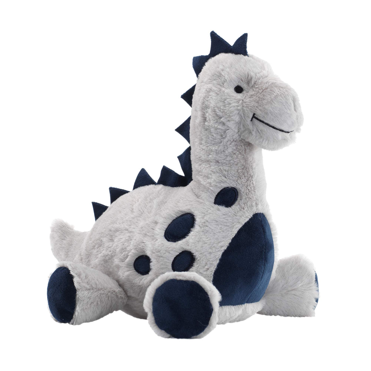 Lambs & Ivy Spike the Dino plush sits 9 inches for easy cuddling.