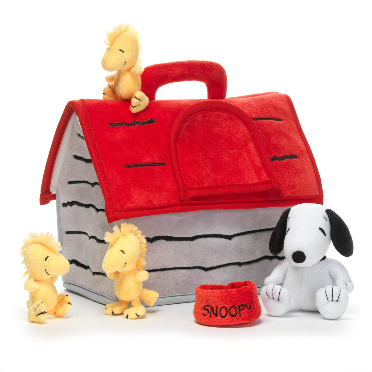 Three Woodstock plush figures with Snoopy doghouse for imaginative play