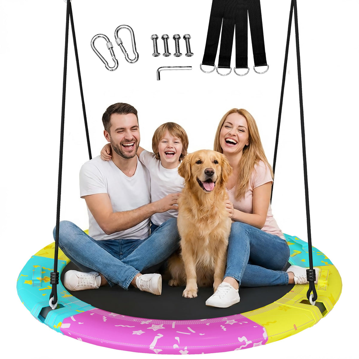 Lamerge saucer swing 43-inch seat for backyard family fun and shared moments.