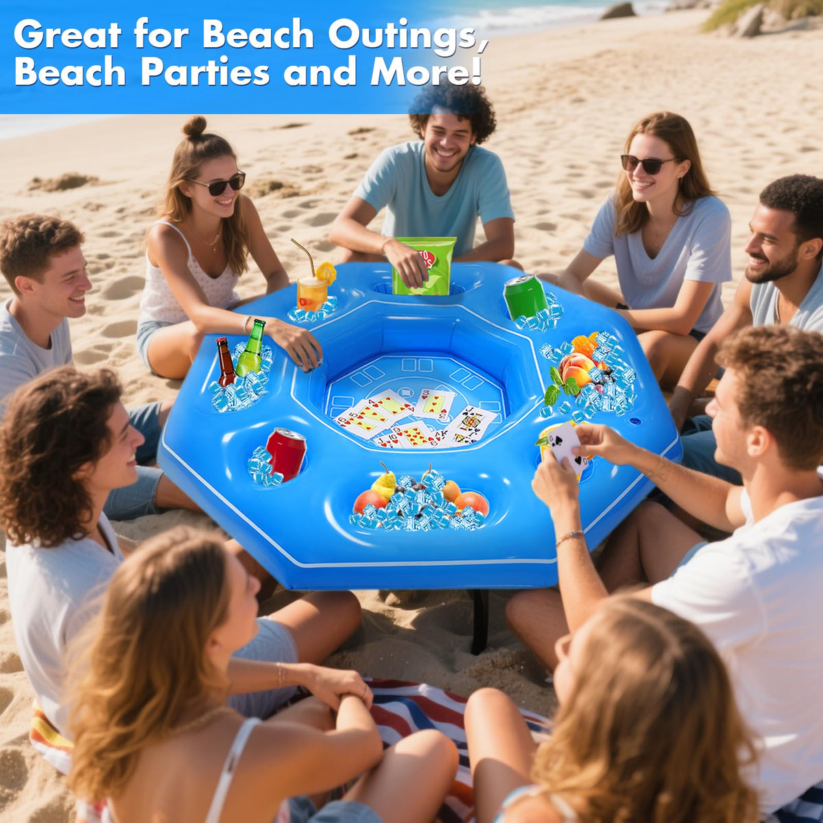 Lanathel blue beach party floating table enhances social games.