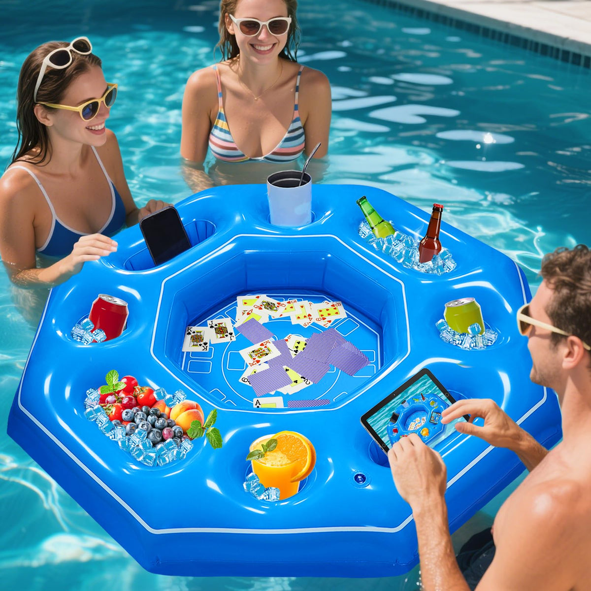 Lanathel octagonal inflatable game table in blue with cup holders for pool parties.