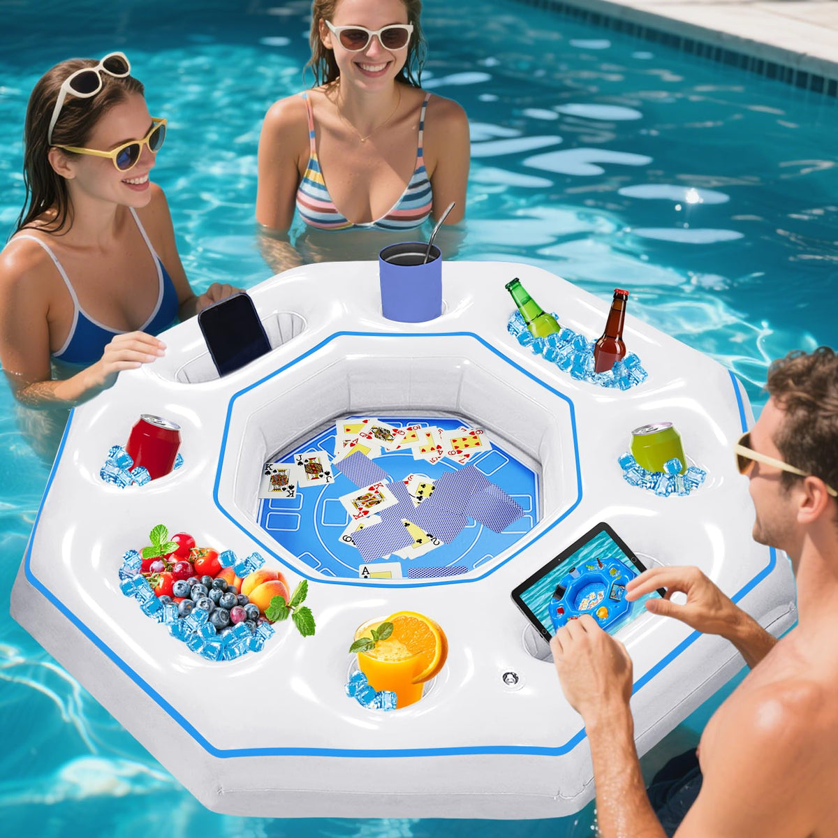 Lanathel octagonal inflatable table with cup holders for pool parties