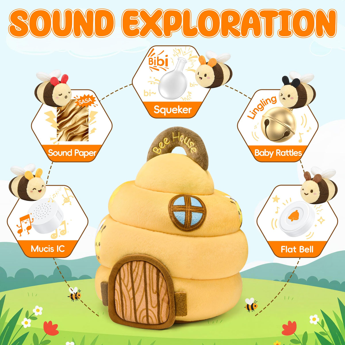 Lanbeby bee rattle feature enhances grip and coordination