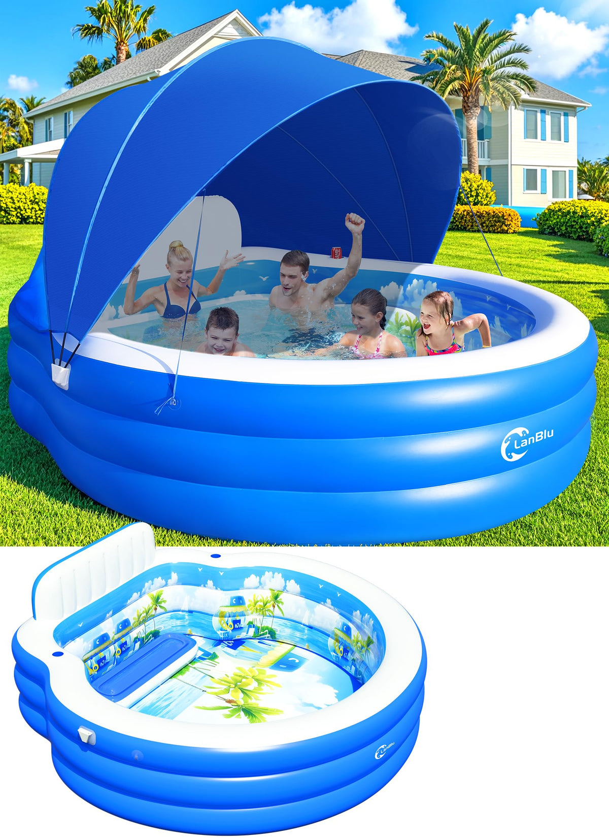 LanBlu 2026 extra-large pool with canopy offers shade for outdoor relaxation.