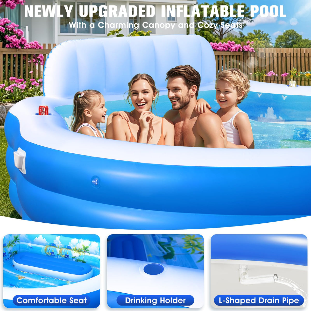 LanBlu family-size pool measures 90 by 90 inches with canopy.