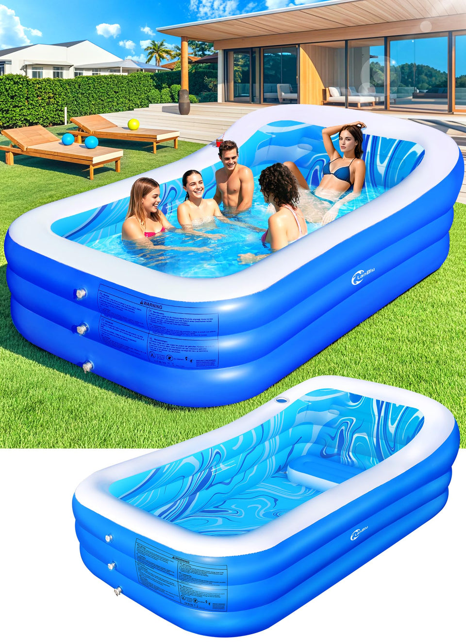 LanBlu inflatable pool with big backrest and seat for comfortable backyard lounging