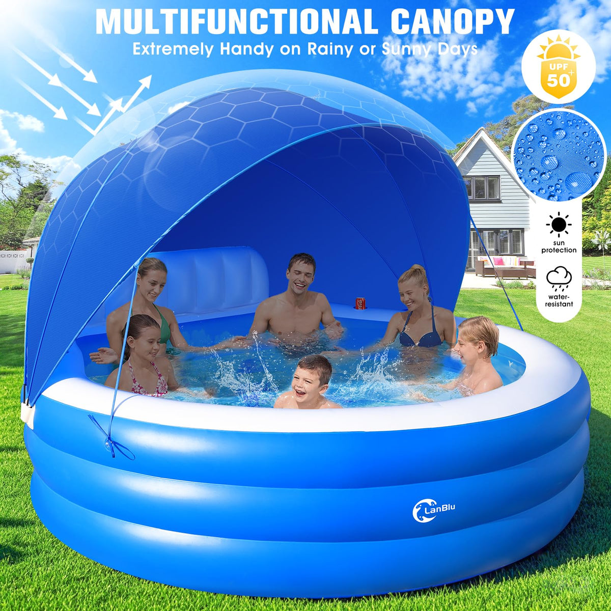 LanBlu round pool with bench and cupholders enables lounging and drinks.