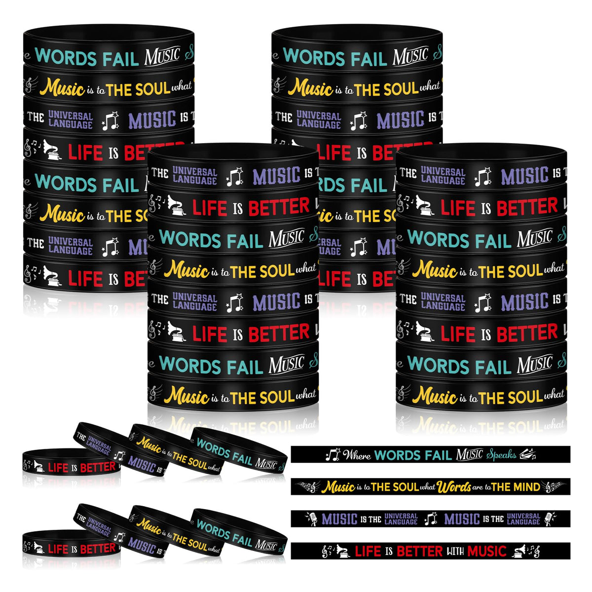 Landical 100 Pcs music bracelets bulk pack showcasing four styles for daily wear