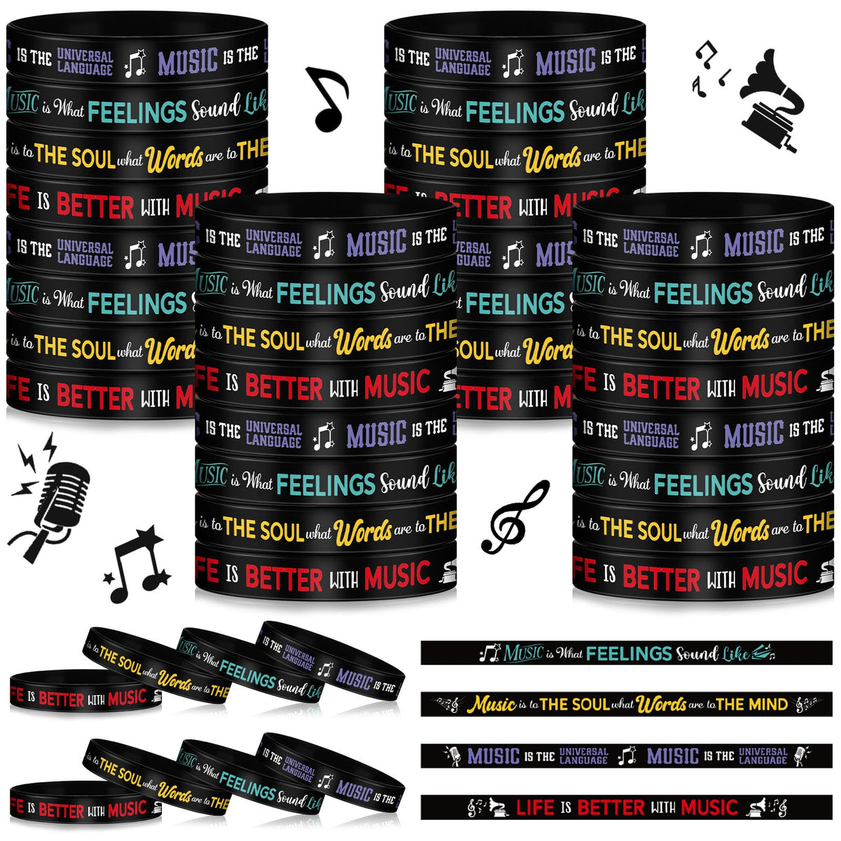 Landical 200pcs music silicone bracelets pack featuring bold quotes for daily musical inspiration.