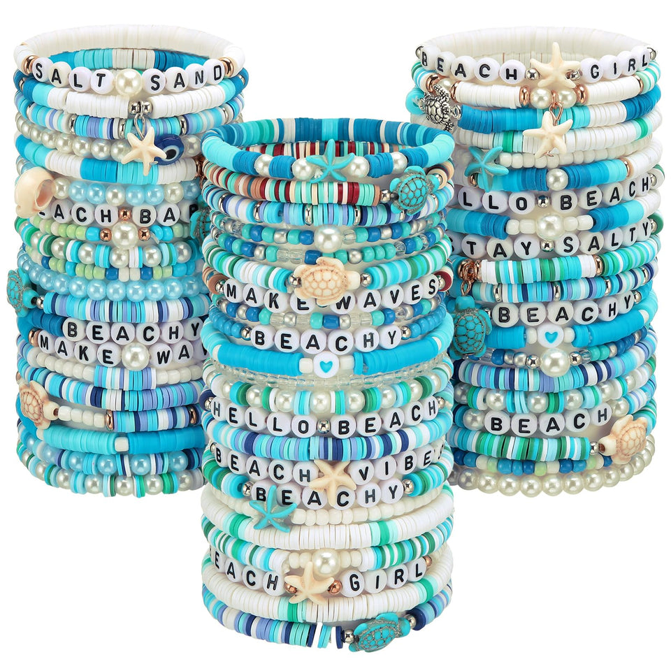 Landical 64-piece beach bracelets set in vibrant blue tones for festive summer outfits.