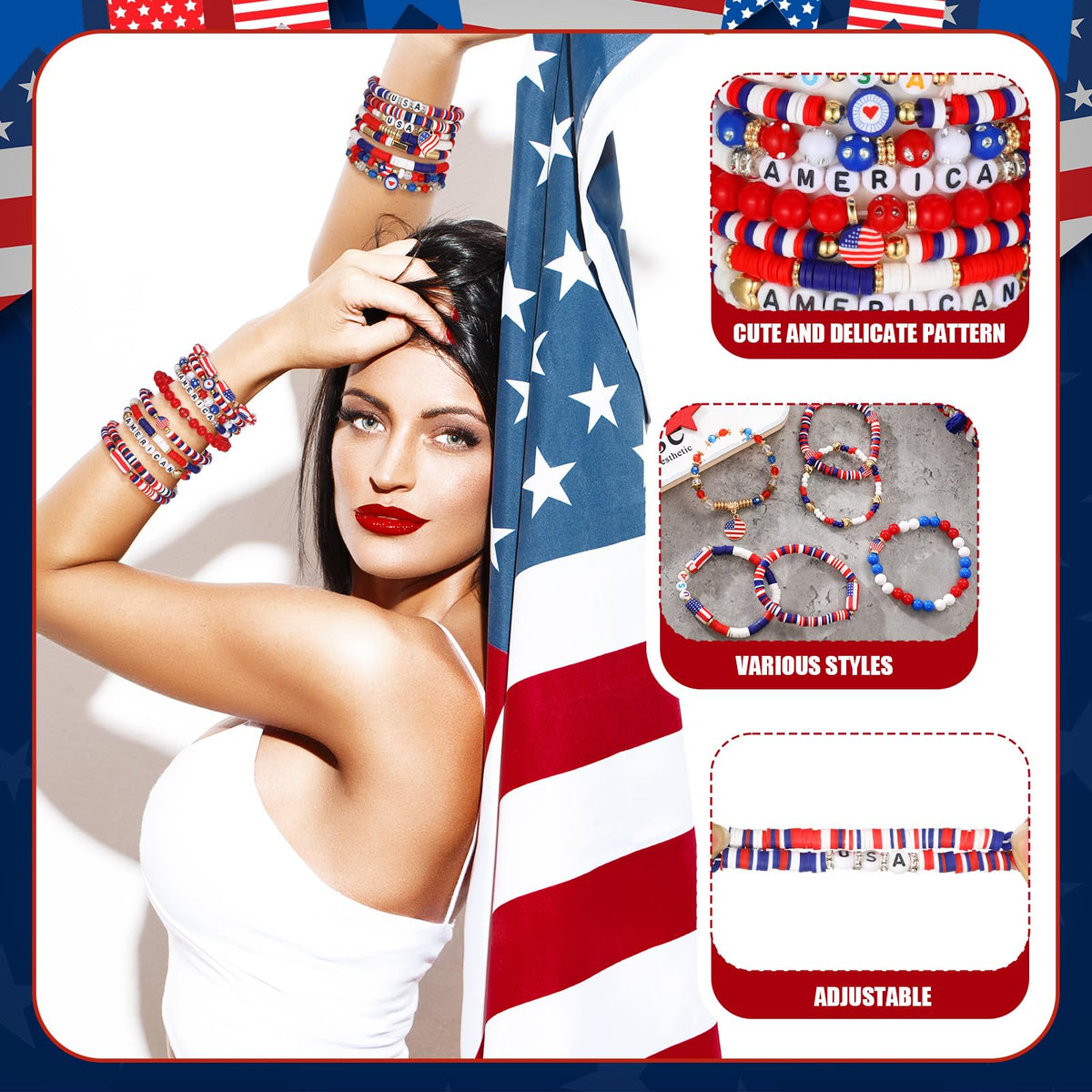 Landical American flag polymer clay bracelets with intricate craftsmanship and comfort.
