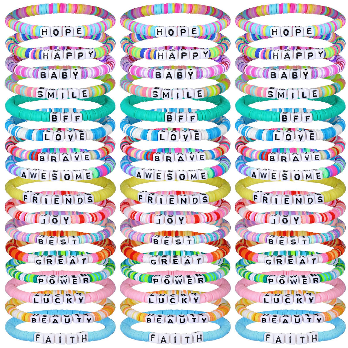 Landical rainbow bracelets 64-piece pack closeup shows vibrant polymer clay beads for gifting.