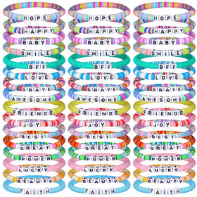 Landical rainbow bracelets 64-piece pack closeup shows vibrant polymer clay beads for gifting.