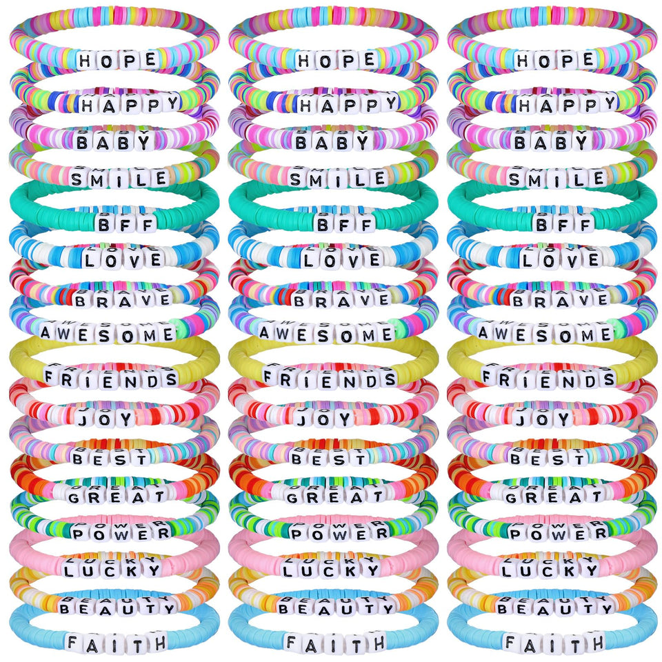 Landical rainbow bracelets 64-piece pack closeup shows vibrant polymer clay beads for gifting.