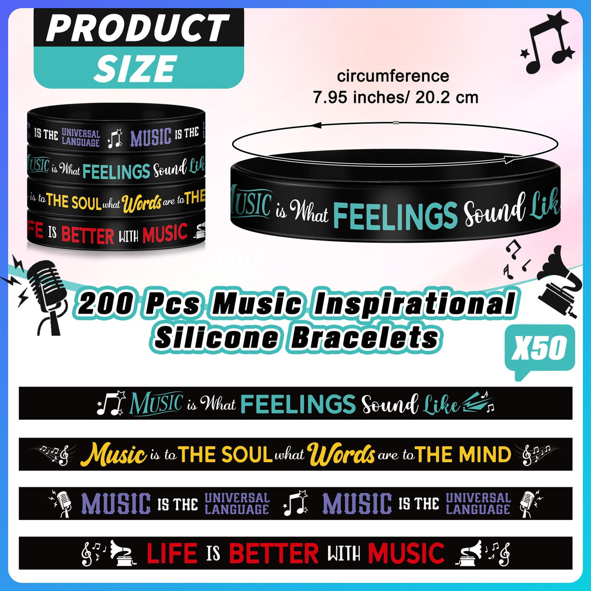 Landical silicone bracelets with quotes and piano notes—perfect gift for music teachers and students.