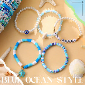 Landical stackable beach bracelets pack showcased with vacation outfits for party-ready looks.