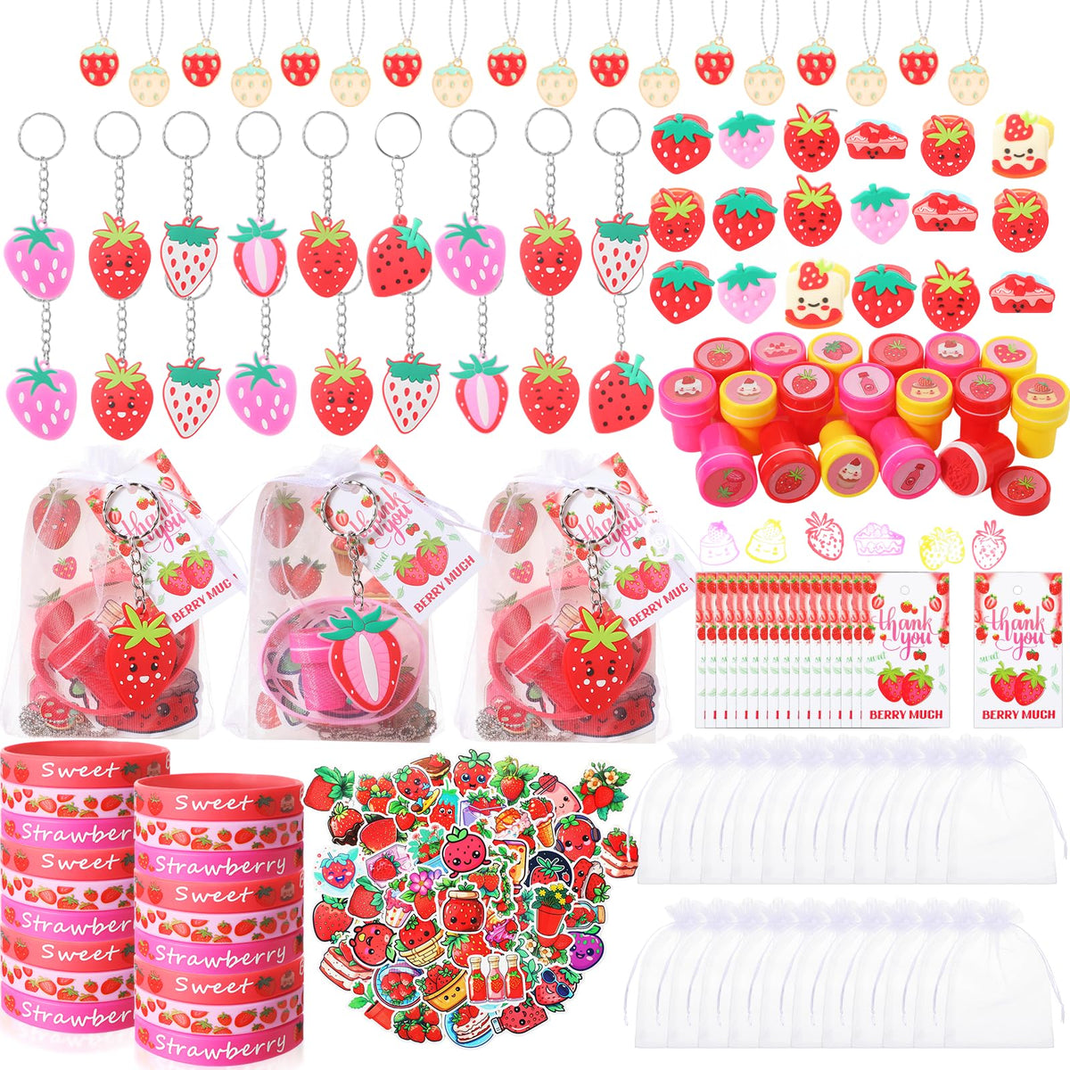 Landical strawberry party favors contents display a colorful array for celebrations