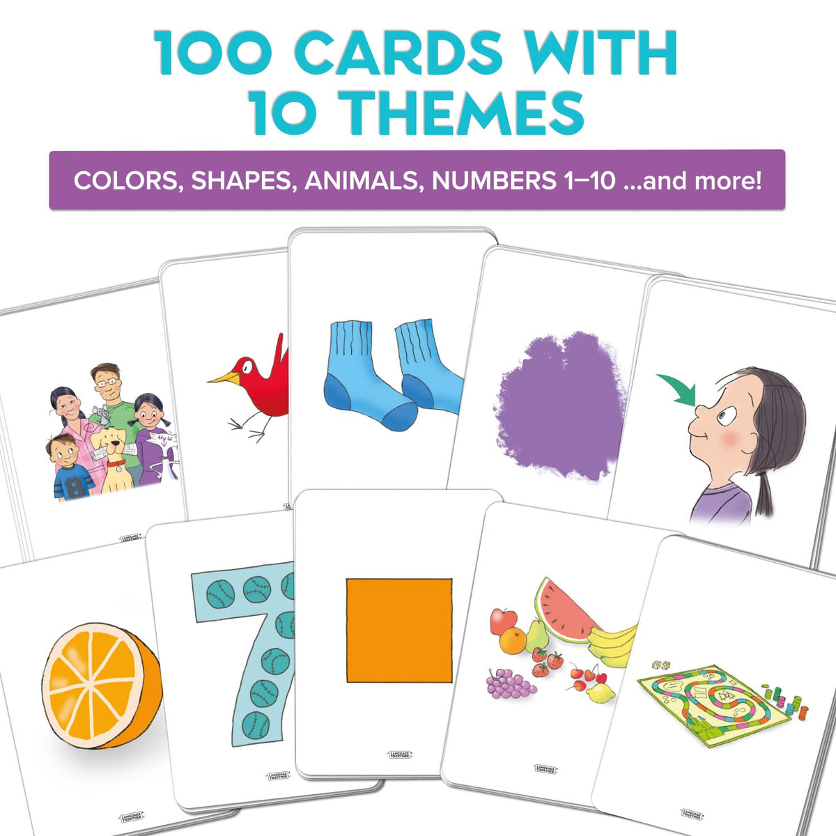 Language Together French flash cards fruits and snacks with playful scenes.