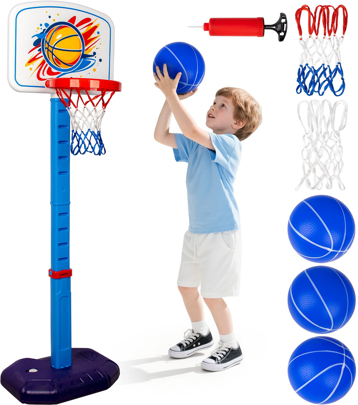 LAO XUE toddler basketball hoop adjustable height for growing kids' play.