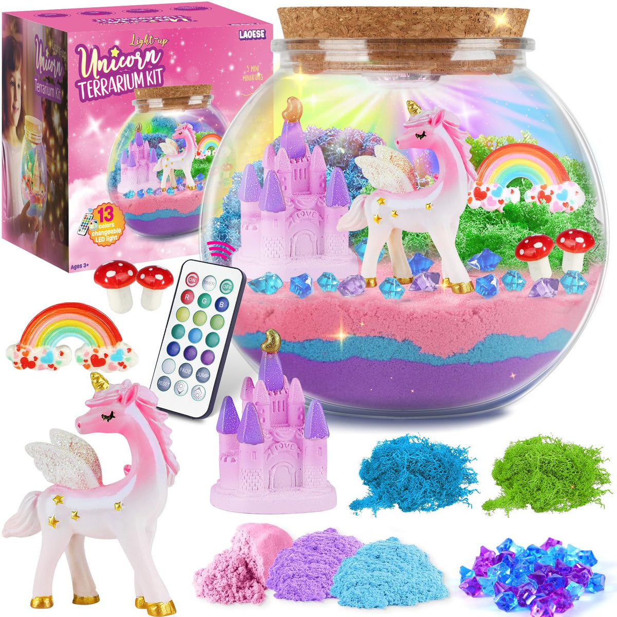 LAOESE unicorn light-up terrarium kit with colorful sand for imaginative play
