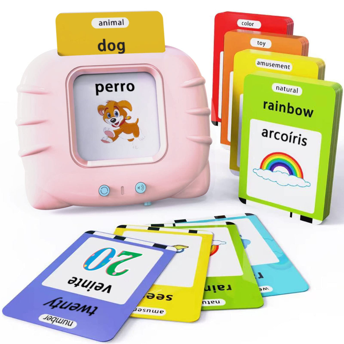Lapare bilingual audible flash cards reader front view, boosts English and Spanish exposure