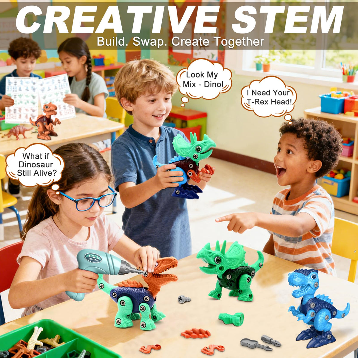 Laradola dinosaur with electric screwdriver demonstrates easy assembly for growing builders.
